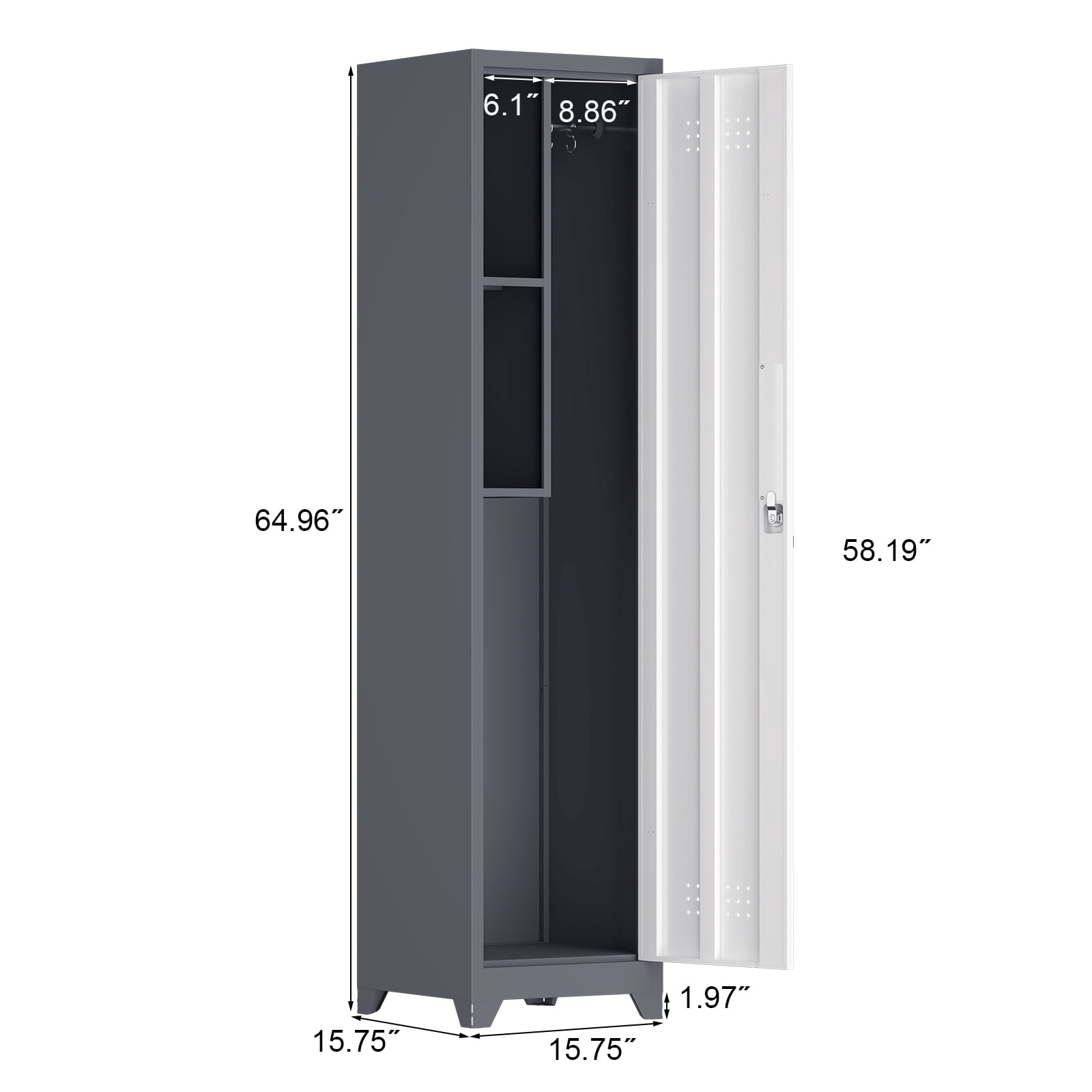 Slim Broom Storage Cabinet with Locking Door,65" Narrow Metal Cabinet with Shelves,Heavy-Duty Bathroom Storage Cabinet for Kitchen,Pantry,Office,Shop,Garage,1pcs,White+Grey