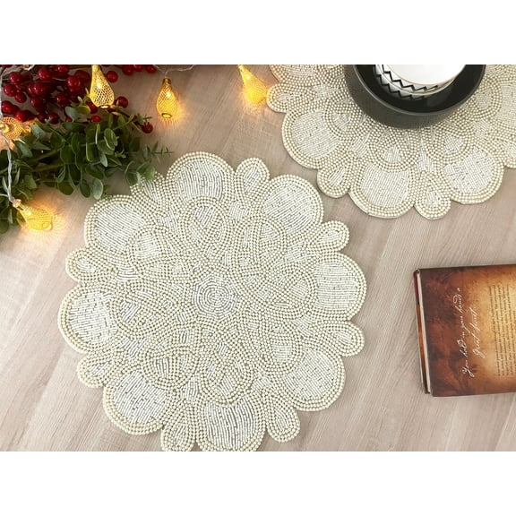 Set of 6, Handmade placemat, living room table decoration, beaded tablemat, cream Pearl