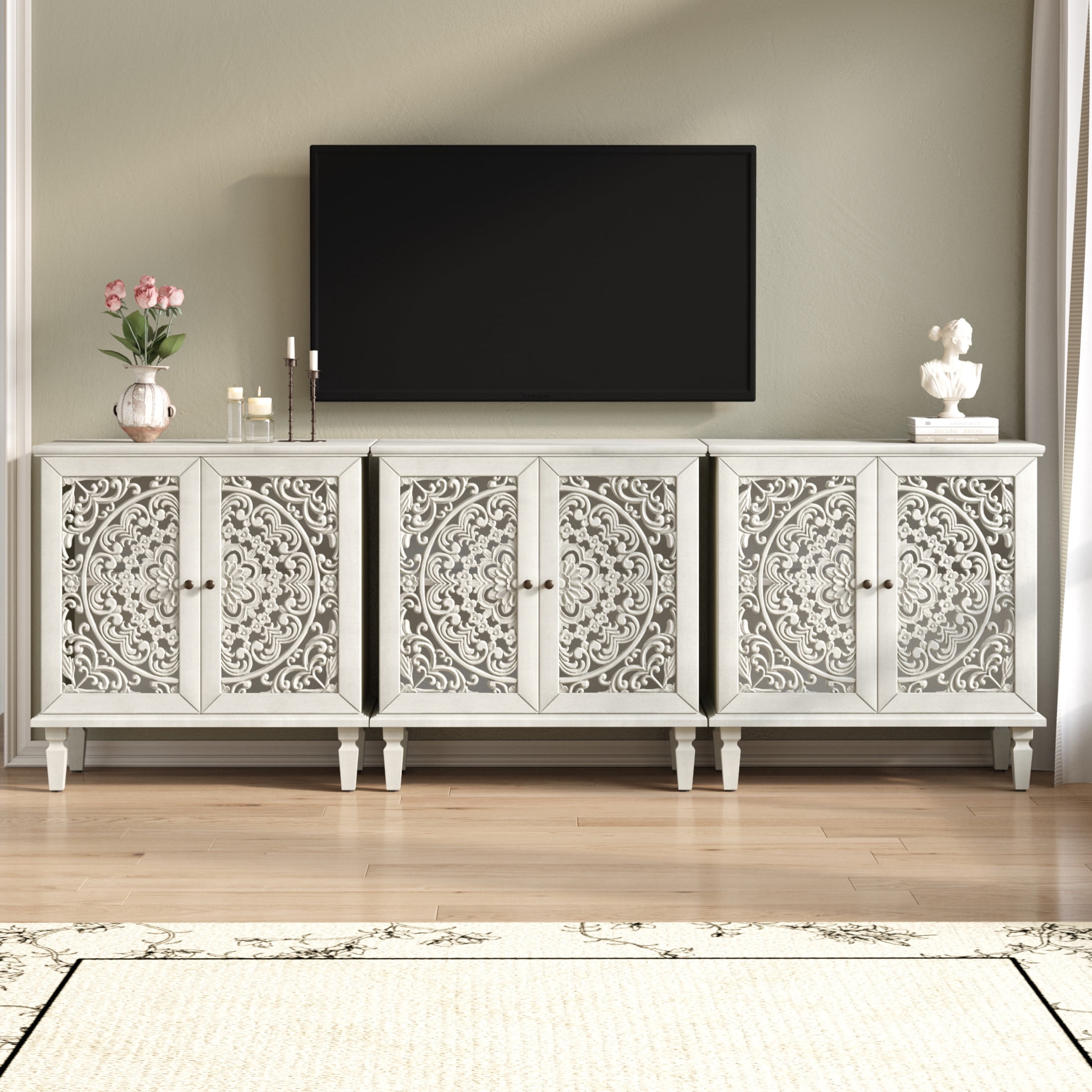 Noble house Vintage Hollow-Carved Accent Cabinet, 2-Door Sideboard, Adjustable Shelf & Solid Wood Legs,Antique White