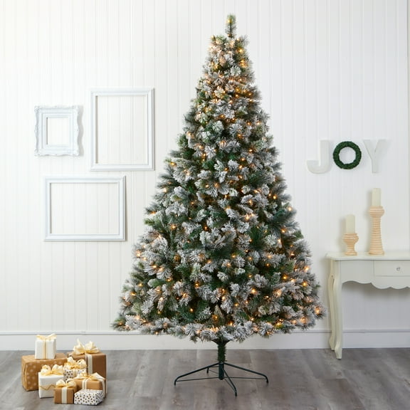 Nearly Natural Clear Prelit 600 LED Green Flocked Oregon Pine Artificial Christmas Tree, with 1580 Bendable Branches 9'