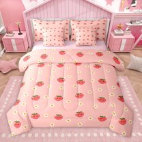 Homewish Cartoon Strawberry 7 Pieces Bedding Comforter Set,Lovely Daisy Flower Full Bedding Set,Orange Red Fitted Sheet Flat Sheet For Girl Kids,Microfiber Bedroom Decor Reversible