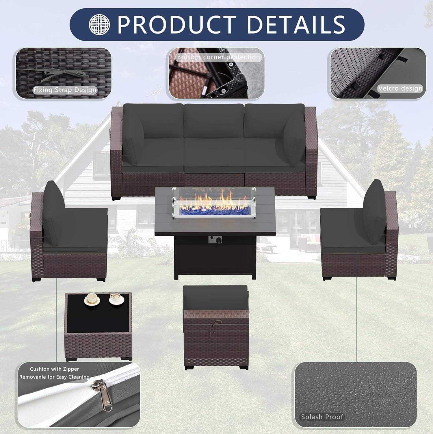 ASJMR 11 Pieces Wicker Patio Furniture Set With 43" Gas Fire Pit Table & 2 Swivel Chairs,Outdoor Rattan Sectional Sofa Conversation Set With Cushions & Tables,Gray