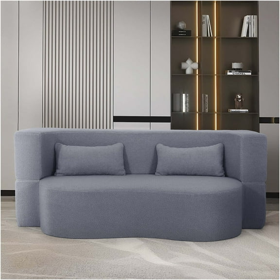 JERFIT Full Size Convertible Sofa Bed, 2-in-1 Folding Floor Futon Loveseat with Non-Slip Bottom, Soft Teddy Fabric, Includes 2 Pillows for Small Space, Dorm, Apartment, RV, Grey