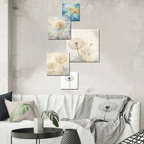 Designart "Dreamy Blue Dandelions" Dandelion Wall Art Set Of 5 - Blue Traditional Office Room Metal Wall Art Set
