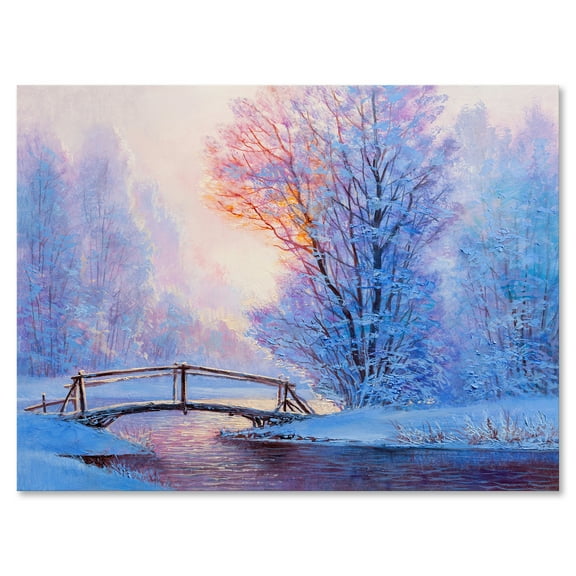 Winter Landscape With A Bridge and A River 8 in x 12 in Painting Canvas Art Print, by Designart