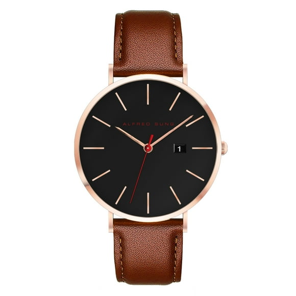 Alfred Sung Rosegold Metropolitan Date Black Dial with Red accents Brown Leather strap watch