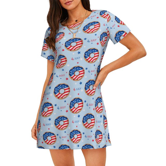 Fotbe Donut with the USA Fag Bata de Dormir para Mujer con Estampado, Camisón de Algodón de Manga Corta, Ropa de Dormir Casual