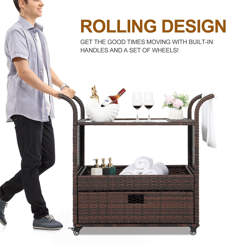 Outdoor Rolling Wicker Bar Cart Sideboard On Wheels with Ice Bucket and Storage Compartments Brown Outdoor Rolling Wicker Bar Cart Sideboard On Wheels with Ice Bucket and Storage Compartments Brown