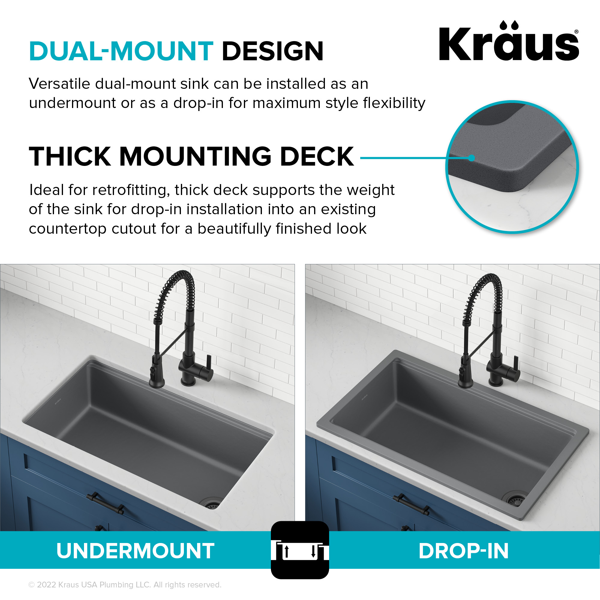 KRAUS Turino 33 Fireclay Workstation Drop-In / Undermount Single Bowl Kitchen Sink in Matte Grey