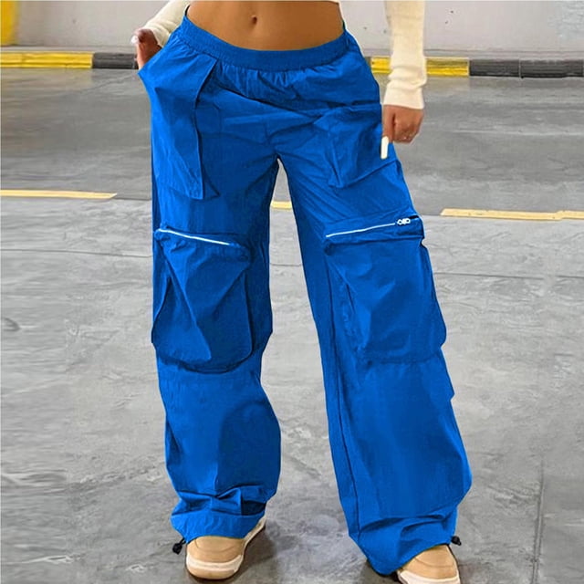 Lydiaunistar Womens Casual Elastic Waist Loose Long Pants with Zipper Pockets, Solid Color Lightweight Polyester Comfy Lounge Travel Work Home All Seasons Blue