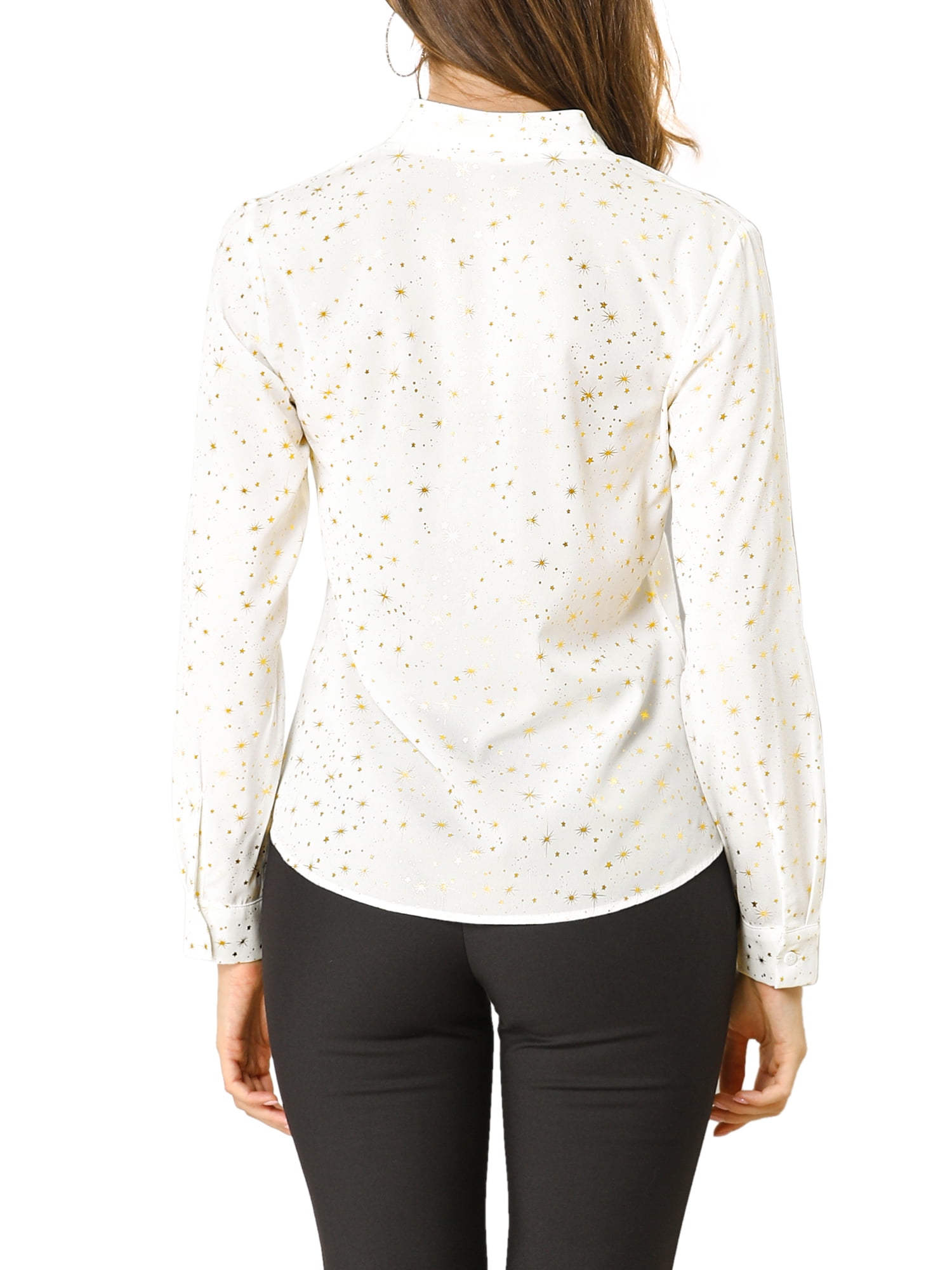 DARING DIVA Stand Collar Metallic Dots Stars Blouse Top L White