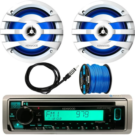 Kenwood KMR-D378BT Single DIN Marine/Motorsports Bluetooth SiriusXM Ready CD Player Receiver, 2x 6.75" 2-Way 260 Watts Max Marine White LED Speakers, Antenna, Speaker Wire