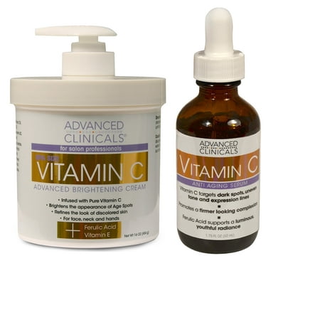 Advanced Clinicals Vitamin C Skin Care set for face and body. Spa Size 16oz Vitamin C cream and Vitamin C face serum for dark spots, age spots, uneven skin tone in as little as 4