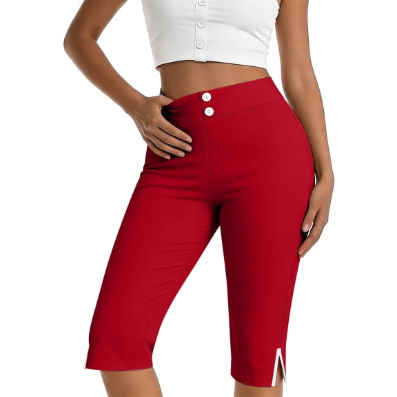 WPPGONE Capri Pants for Women Straight Elastic Waisted Button Side Split Hem Slim Fit Cropped Bottoms Yoga Workout Gym Trousers