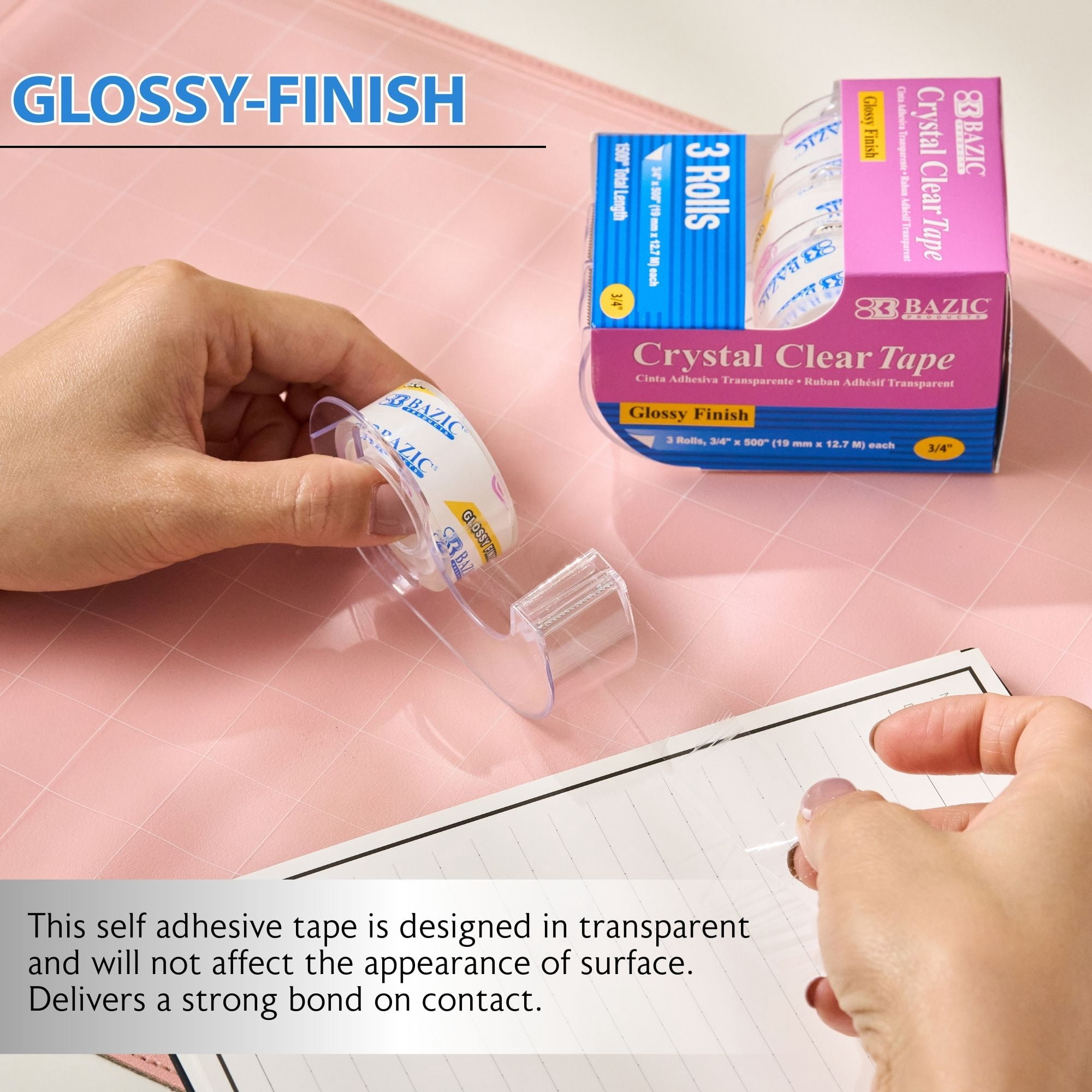 BAZIC Crystal Clear Tape w/ Dispenser 3/4" X 500", Glossy Finish, (3/Pack), 24-Pack