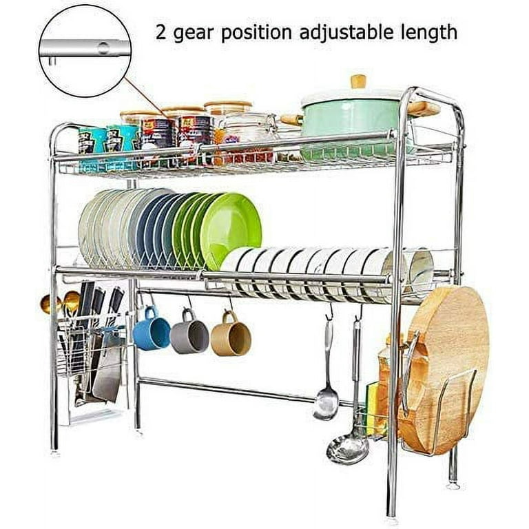 MERRYBOX 304 Stainless Steel Over The Sink Dish Drying Rack Adjustable Height & Length Dish Drainer with Cutting Board Holder, Dish Rack for Kitchen