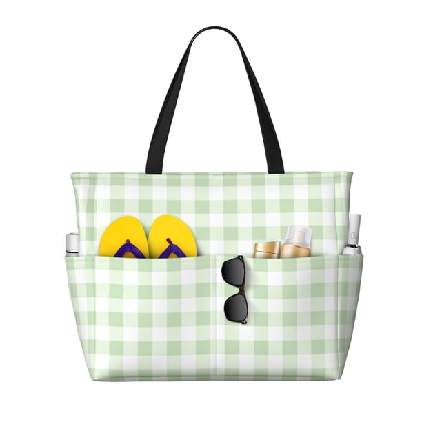 Fotbe Green Checkboard Bolsa de Viaje para Playa - Resistente al Agua, Bolsa Tote de Gran Capacidad y Ligera con 7 Bolsillos para Mujeres y Hombres