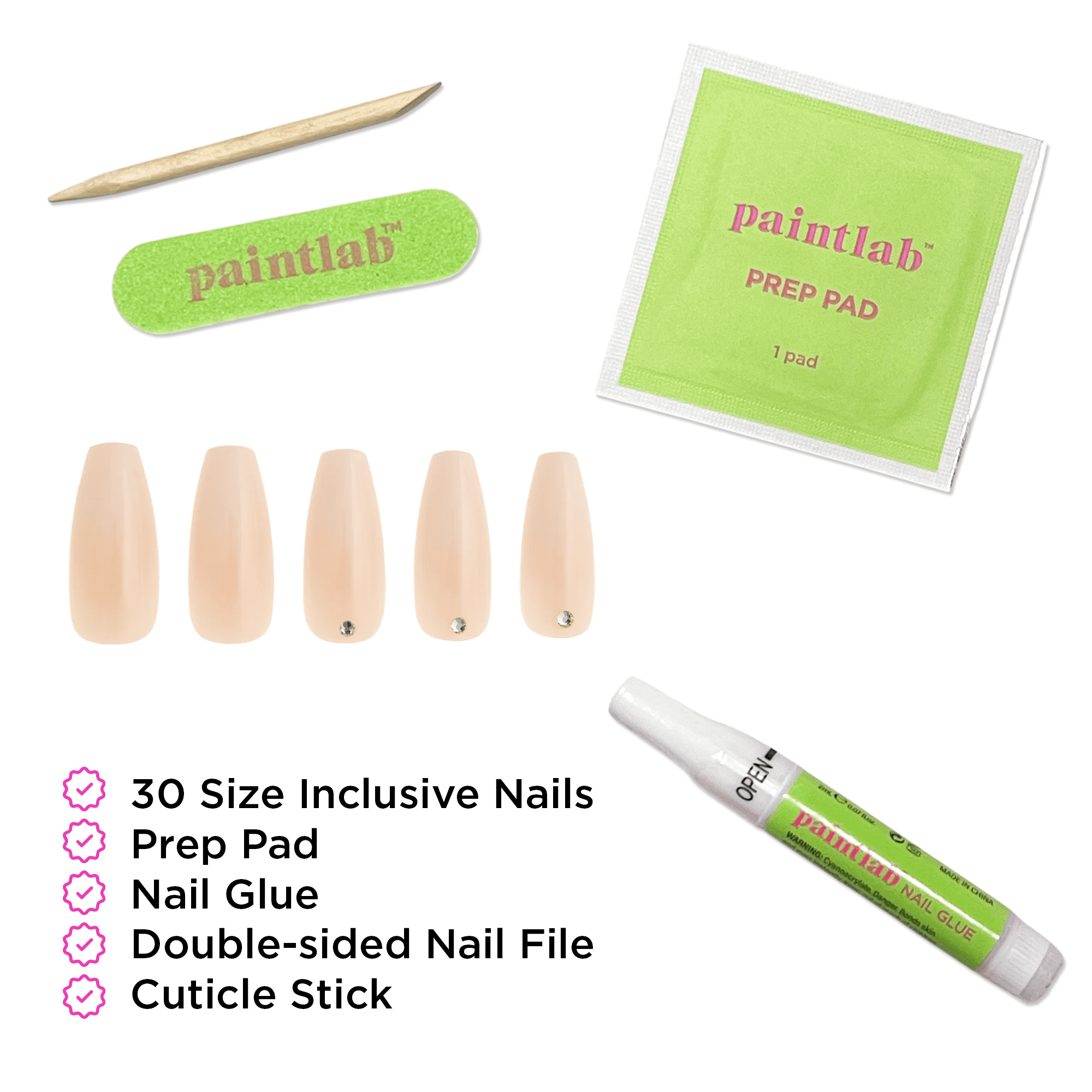 PaintLab Long Sleek Coffin Press On Nails 3D, Gradient Nude, 30 Count