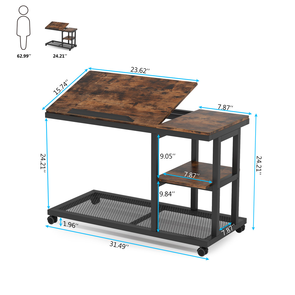Fnova Mobile Side Table with Wheels, Snack Tray, Height-Adjustable C-Shape Desk, Tiltable Drawing Board, Laptop Stand, Storage Shelves for Living Room, Bedside Table for Couch