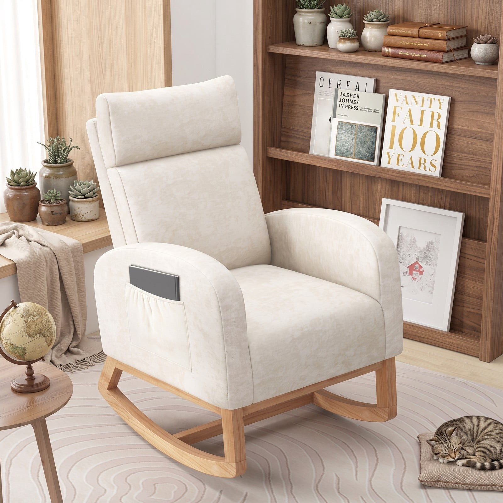 Furnibear Nursery Rocking Chair, Upholstered Chenille Rocker Armchair with Rubber Wood Frame, Ergonomic Glider Chair with Side Pocket for Living Room Bedroom, Beige