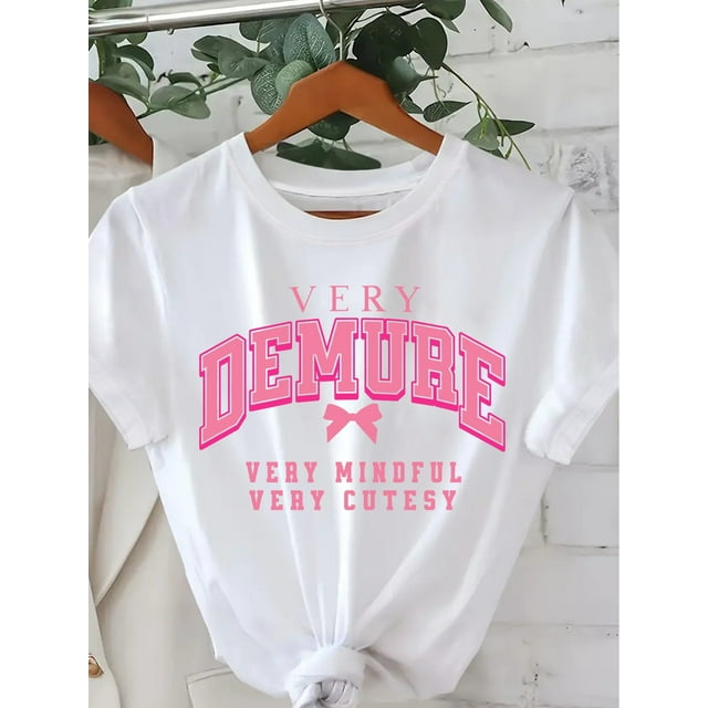 Spring/Summer Fashion Top - Very Demure Print Crew Neck T-Shirt - Short Sleeve, Regular Fit, Knit Polyester, Butterfly Knot
