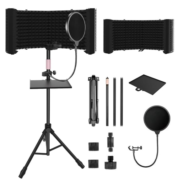 6-Panel Microphone Isolation Shield with Adjustable Stand – Foldable Soundproof Vocal Booth for Recording, Professional Studio Mic Shield Compa