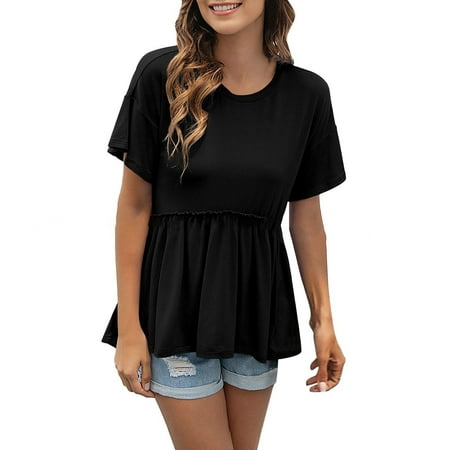 safuny Women s Summer Trendy Babydoll Tops Clearance Solid Lace Tops Short Sleeve Tees V Neck Shirts Button Leisure Vintage Clothing Fashion Black XL