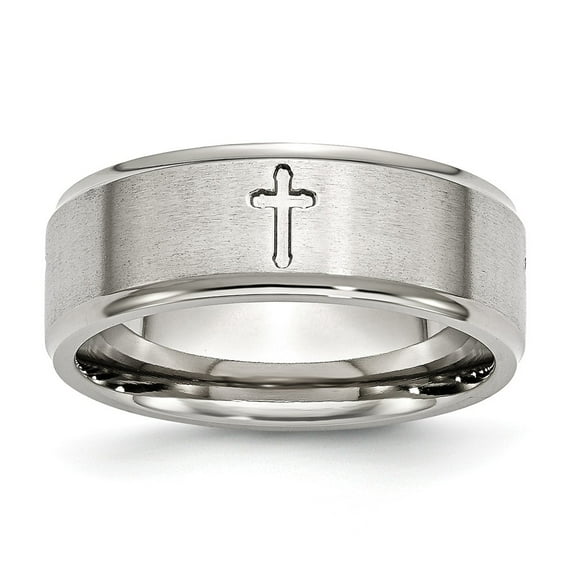 Stainless Steel Ridged Edge Cross 8mm Brushed and Polished Band Size: 13; for Adults and Teens; for Women and Men