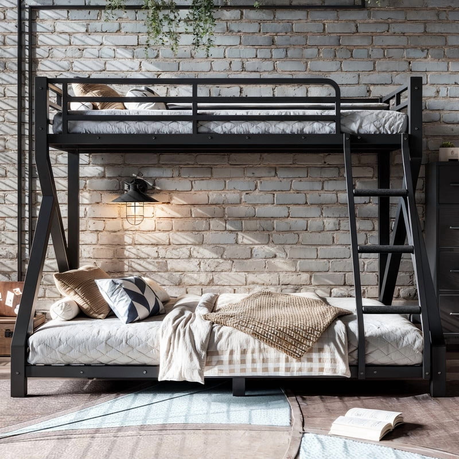 59''H Low Profile Twin-Over-Full Teens Bunk Bed with Built-In Ladder, Kids Black Metal Bed Frame with Guardrail