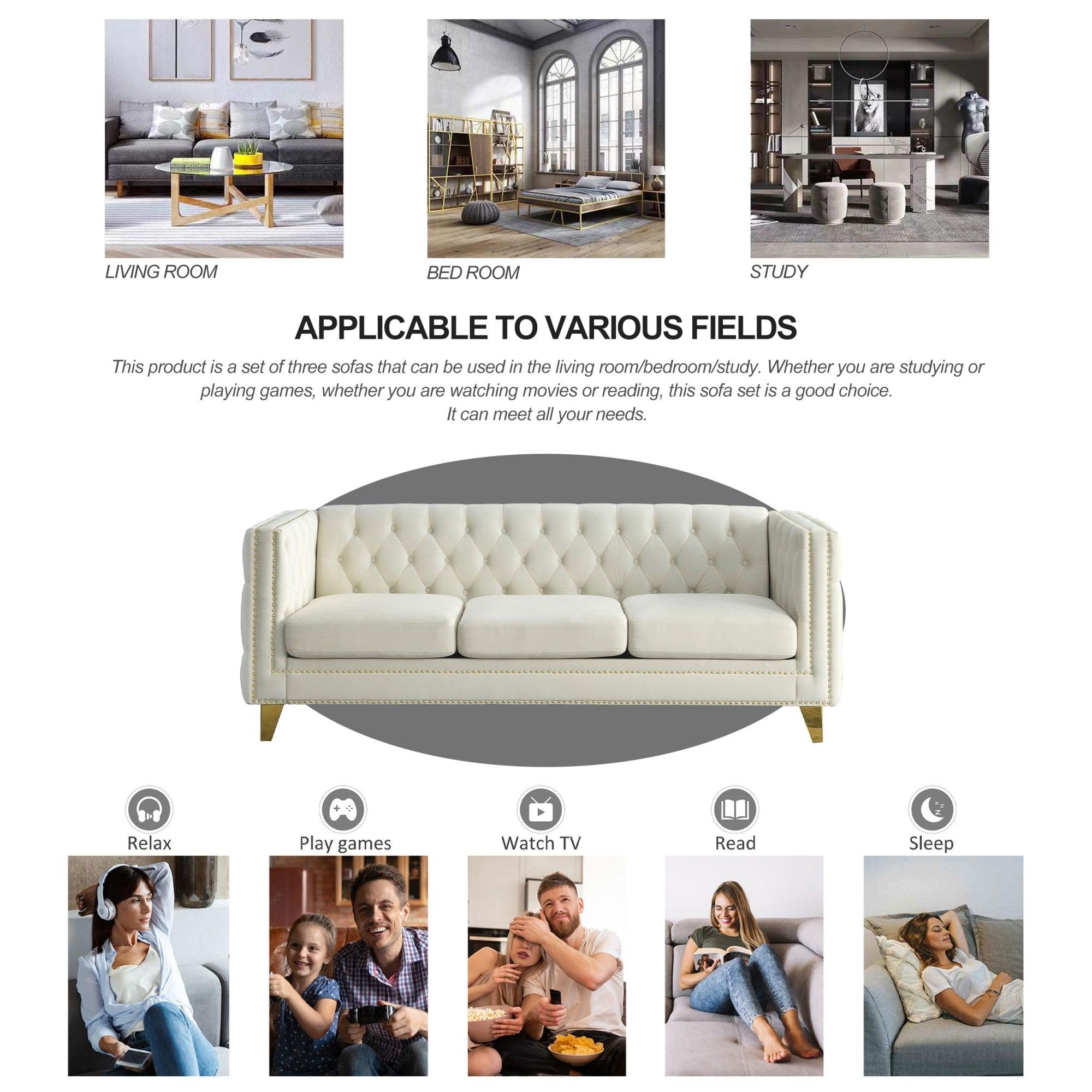 Sailvan 67" Modern Velvet Sofa, Button Tufted Chesterfield 3-Seater Couch with Nailhead Trim and Metal Legs for Living Room Beige