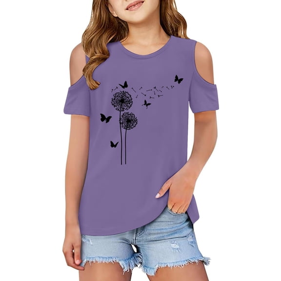 Hiijoy Little Girls Cold Shoulder Graphic T-Shirt Casual Short Sleeve T Shirt, Sizes 3-12