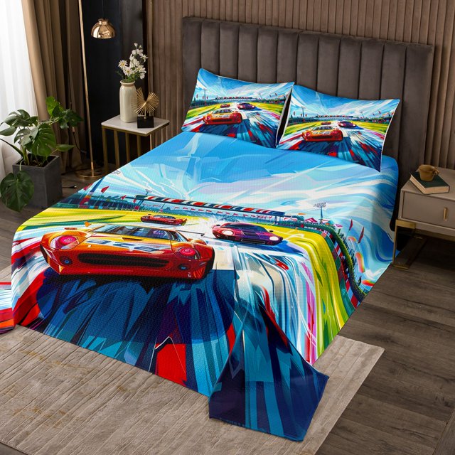 YST Racing Car Coverlet King Size Sports Car Printed Bedding Set,Extreme Sports Bedspread Set Speed Race Bed Quilt Modern Abstract Bedroom Set Kids Boys Bedroom Decor,Microfiber 3pcs
