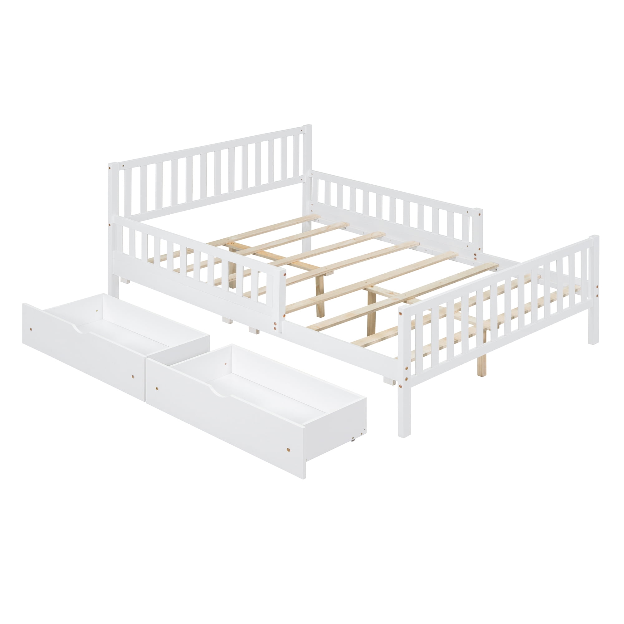 Aukfa Full Size Platform Bed with Storage Drawers and Safe Rails, Wood Bed Frame, White