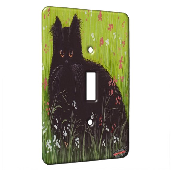KuzmarK™ Single Gang Toggle Switch Wall Plate - Black Persian Cat Art by Denise Every