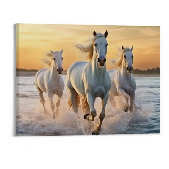 Creowell Beach Horse Canvas Wall Art: White Elegant Equines Photo Prints Graceful Seaside Animals Office Painting Ocean Steeds Running Picture Coastal Wildlife Galloping Artwork for Bedroom 20x16in