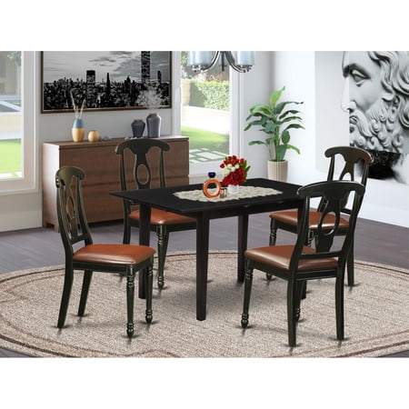 East West Furniture NOKE5-BLK-LC 5-Pc Dining Room Set 4 Dining Room Chairs with Napoleon Back and a Faux Leather Seat and Wooden Dining Table with Butterfly Leaf Rectangular Top and 4 Legs- Black Fini East West Furniture NOKE5-BLK-LC 5-Pc Dining Room Set 4 Dining Room Chairs with Napoleon Back and a Faux Leather Seat and Wooden Dining Table with Butterfly Leaf Rectangular Top and 4 Legs- Black Fini