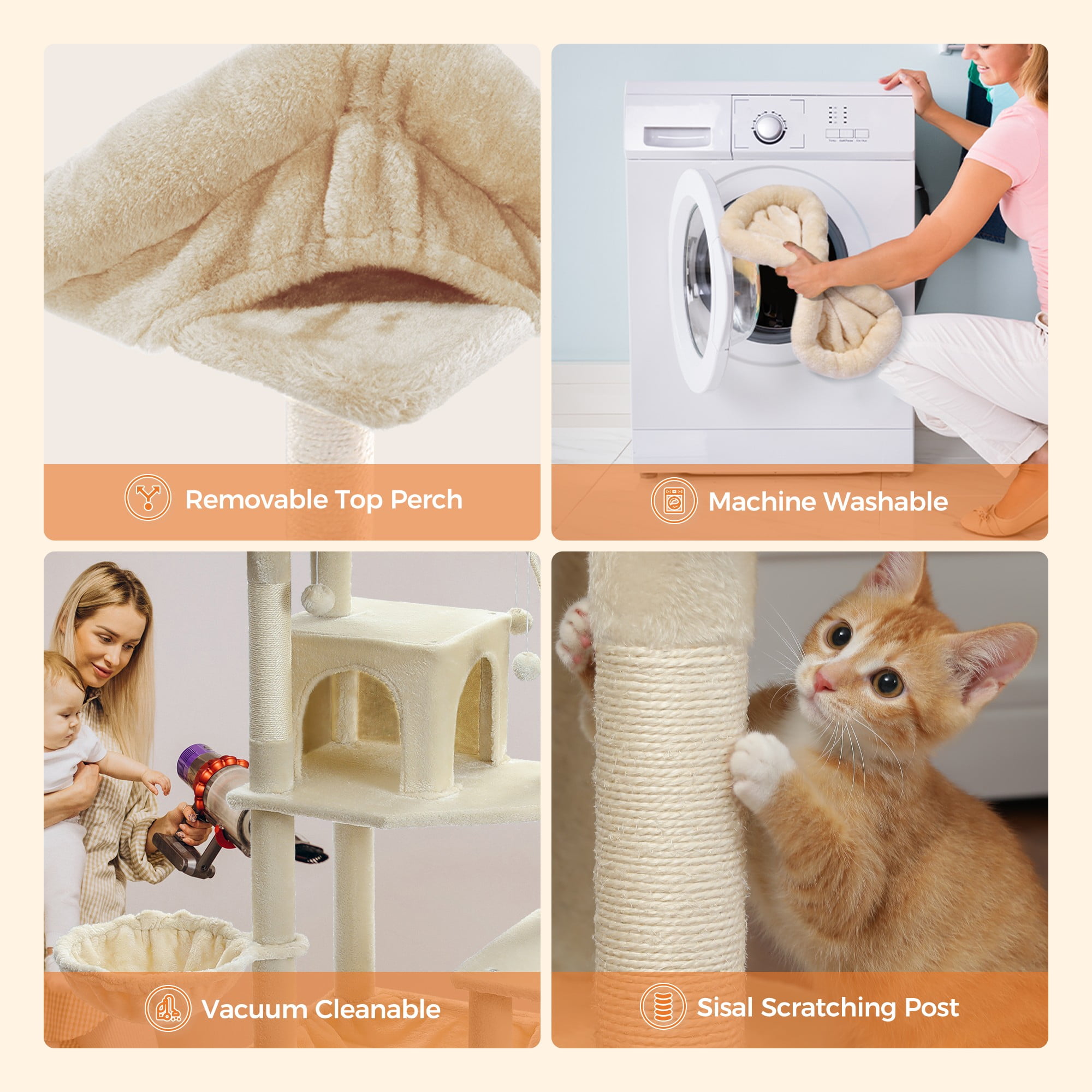 Kadyn 69" Cat Tree Tower for Indoor Large Cats, Fat Cats with Big Hammock, Cat Climbing Tree with Scratching Posts, Condo House and Top Perch, Beige