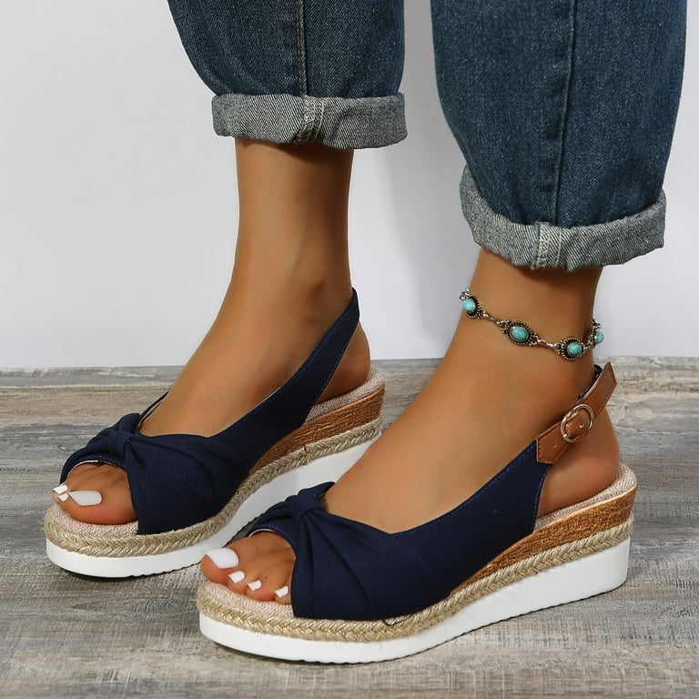 Midsumdr Sandals Women Open-toe Espadrilles Wedges Shoes Slingback Mid Low  Heel Canvas Bow Dress Sandals Platform Sandals Women