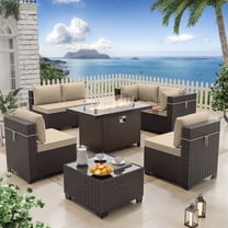 ALAULM 8 Pcs Patio Furniture Set withStainless Steel Gas Fire Pit Table, Brown/Sand