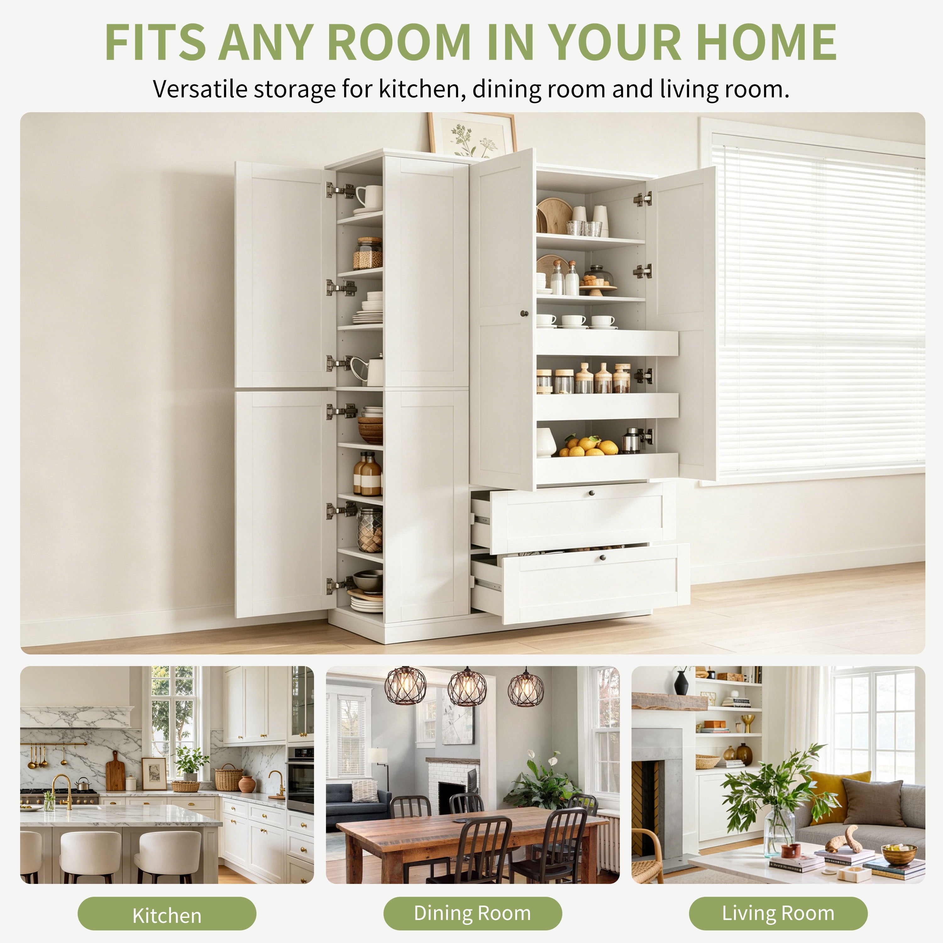Euroco 73.6" Tall Farmhouse Kitchen Pantry Cabinet, Freestanding Hutch Cabinet with 2 Drawers, 3 Pull-Out Trays & Side Cabinets,Food Pantry for Dining Room,White