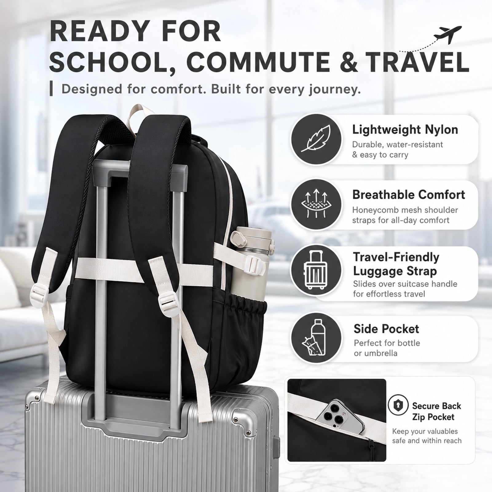 Women's Backpack - 18" Black and White Large Capacity Casual Backpack, Nylon Material, Multiple Compartments, Adjustable Shoulder Straps, Basic Backpack with Coin Pocket