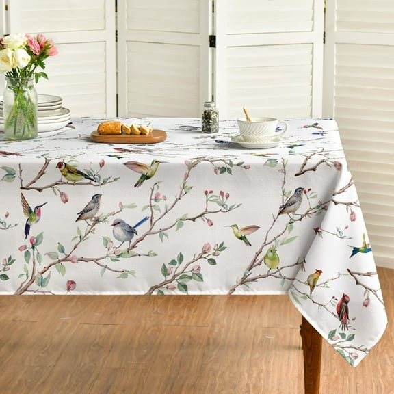 Spring Summer Tablecloth 60x84 Inch Rectangular, Birds Branch Floral Table Cover for Party Picnic Dinner Decor