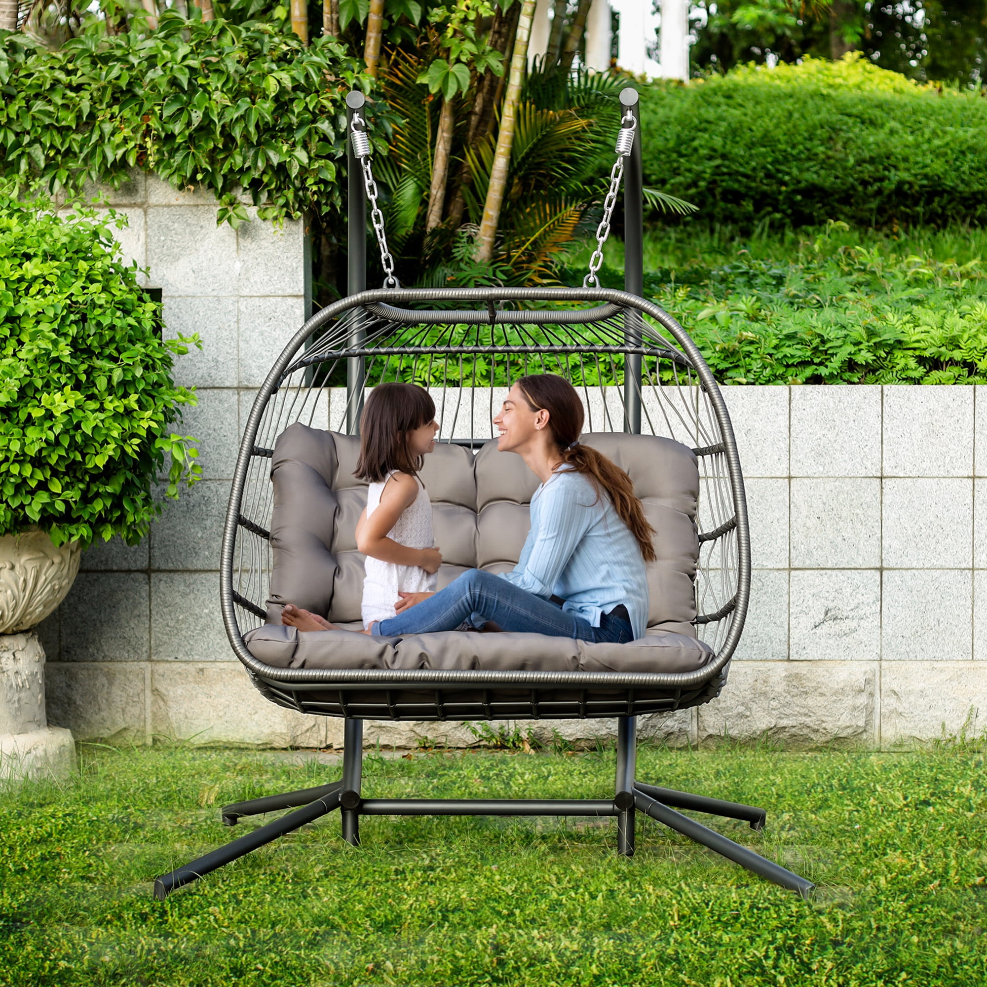 Loveseat Egg Chair with Gray Cushions and Stand Comfy Outdoor Hanging