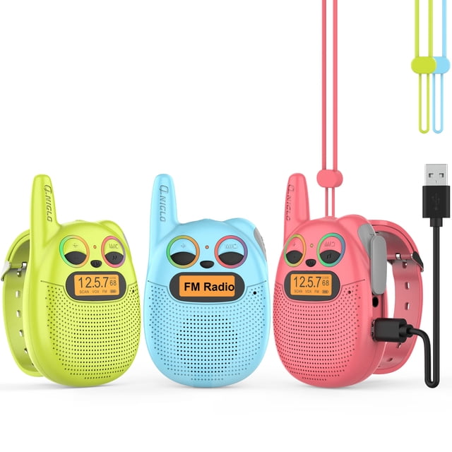 Walkie Talkies QNIGLO recargables para niños, paquete de 3 con FM