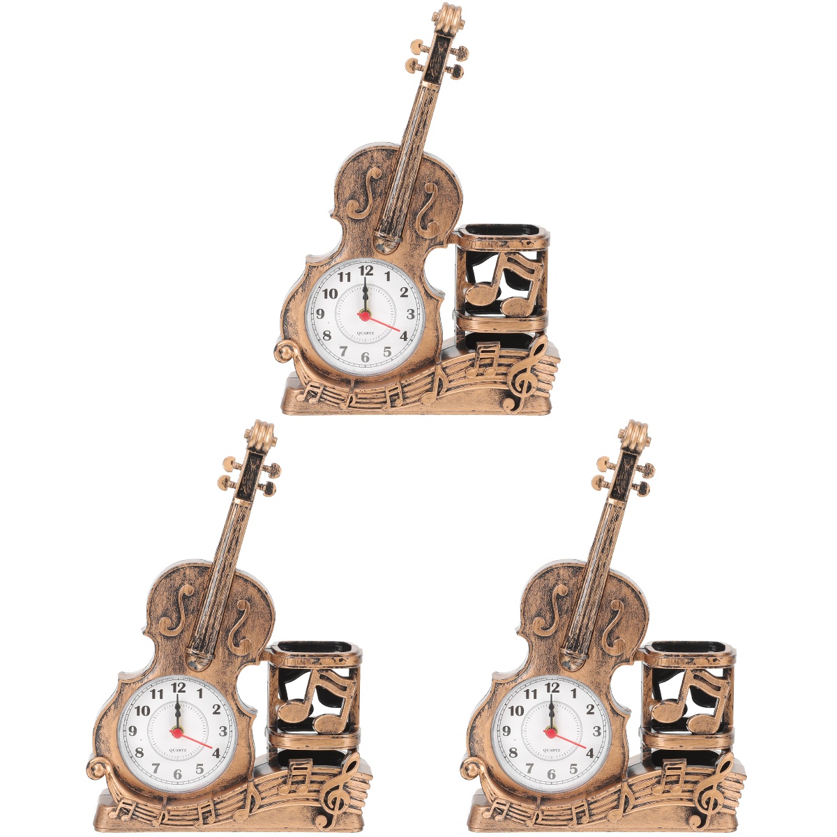 Hemoton 3pcs Violin Figurine Tabletop Violin Clock with Pen Holder