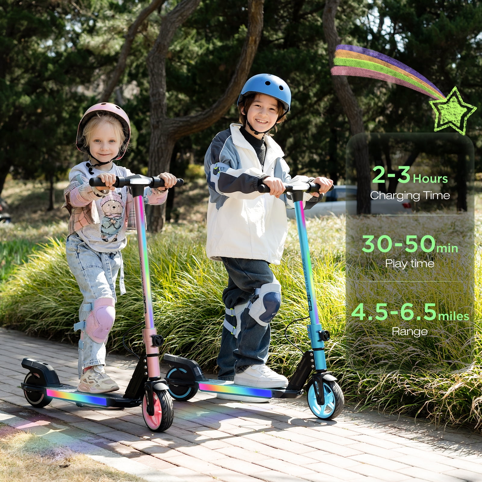 RCB Electric Scooter for Kids,Max Speed 9.3 mph,6.5 Miles Range,Rainbow LED Lights&Display,Foldable&Portable