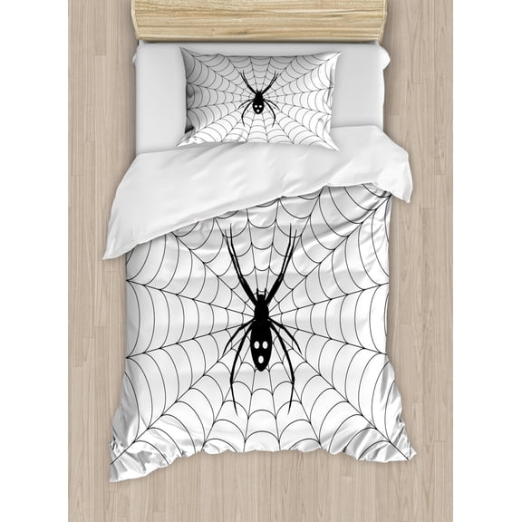 Spider Web Duvet Cover Set Twin Size, Poisonous Bug Venom Thread Circular Cobweb Arachnid Cartoon Halloween Icon, Decorative 2 Piece Bedding Set with 1 Pillow Sham, Black White, by Ambesonne