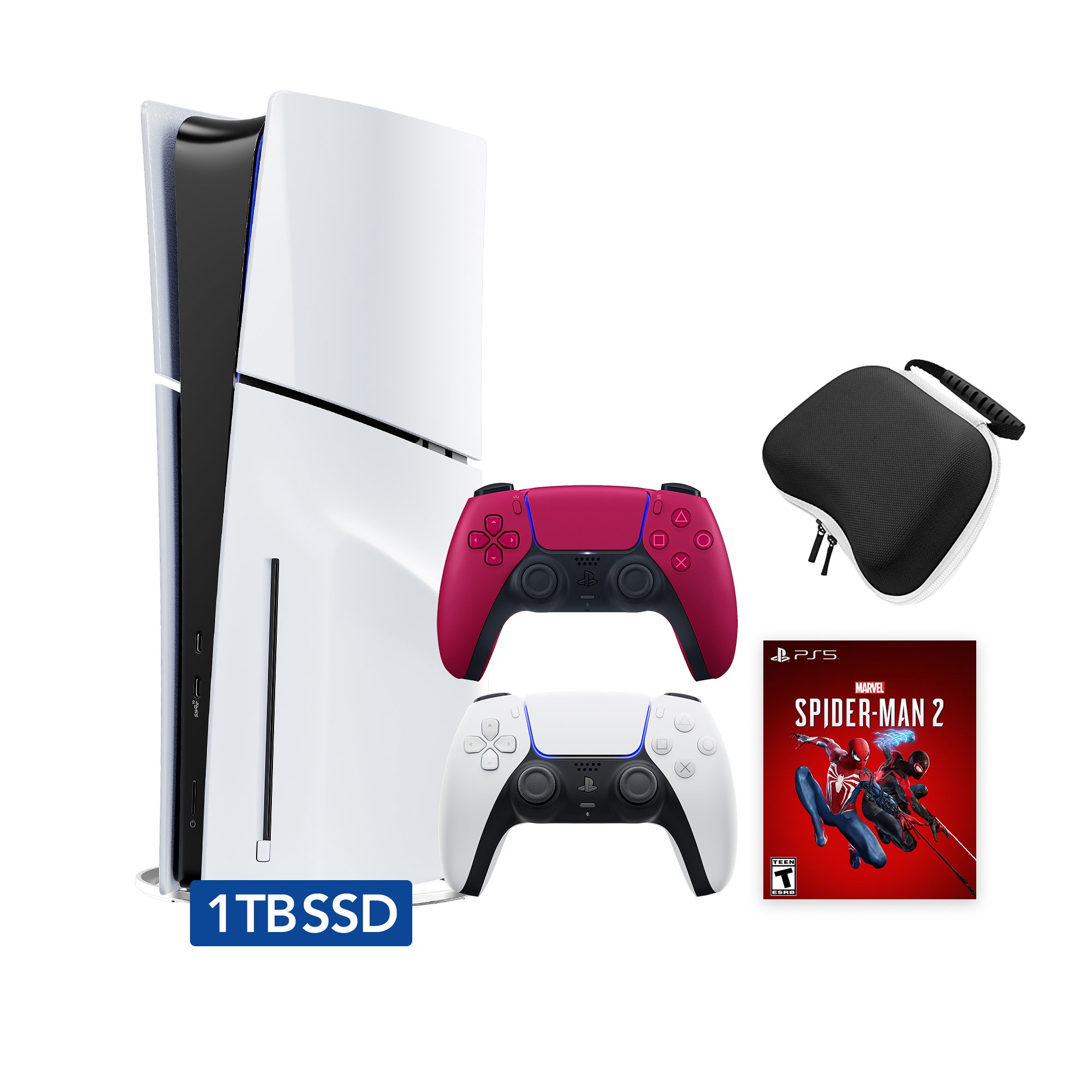PlayStation 5 Disc Edition Marvel's Spider-Man 2 Bundle with Two Controllers White and Cosmic Red DualSense and Mytrix Hard Shell Protective Controller Case - PS5 Gaming Console