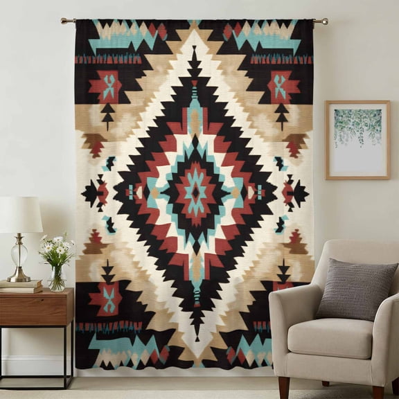 Boho Brown Teal Red Sheer Curtains 54 Inches Long, Southwestern Geometric Art Vintage Light Filering Curtains, Breathable Simi Curtain Privacy Drapes for Kitchen Bathroom Small Window Treatment