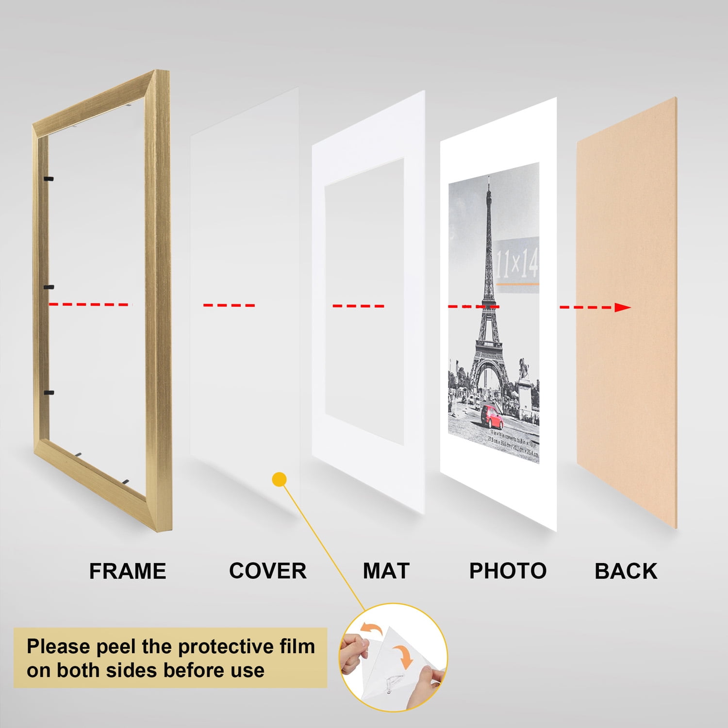 Scholartree 5-Pack Picture Frames, 8x10 with Mat & 11x14 Without Mat, Shatter-Safe Wall Gallery Set,Gold